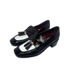 Franco Sarto Donna Patent Leather Black White Womens Heeled Loafers Shoes Tassle